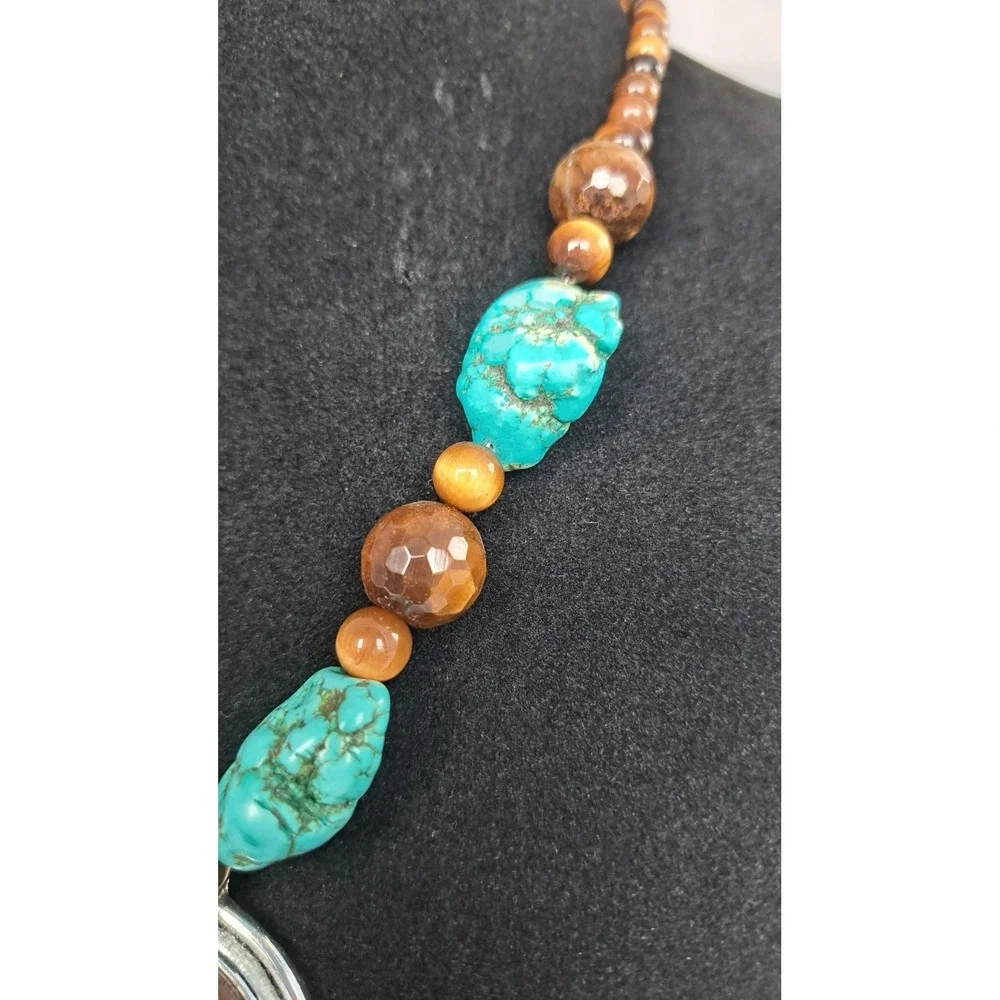 Turquoise Tigers Eye Beaded Necklace Pendant and Stretch Bracelet Jewelry Set